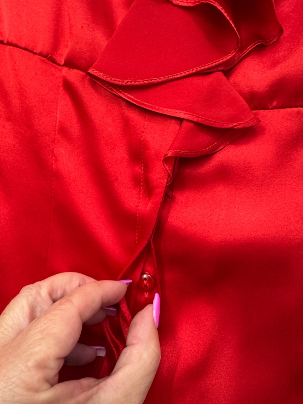 Anne Klein Red Satin Ruffled Button-Front Blouse - Picture 8 of 16